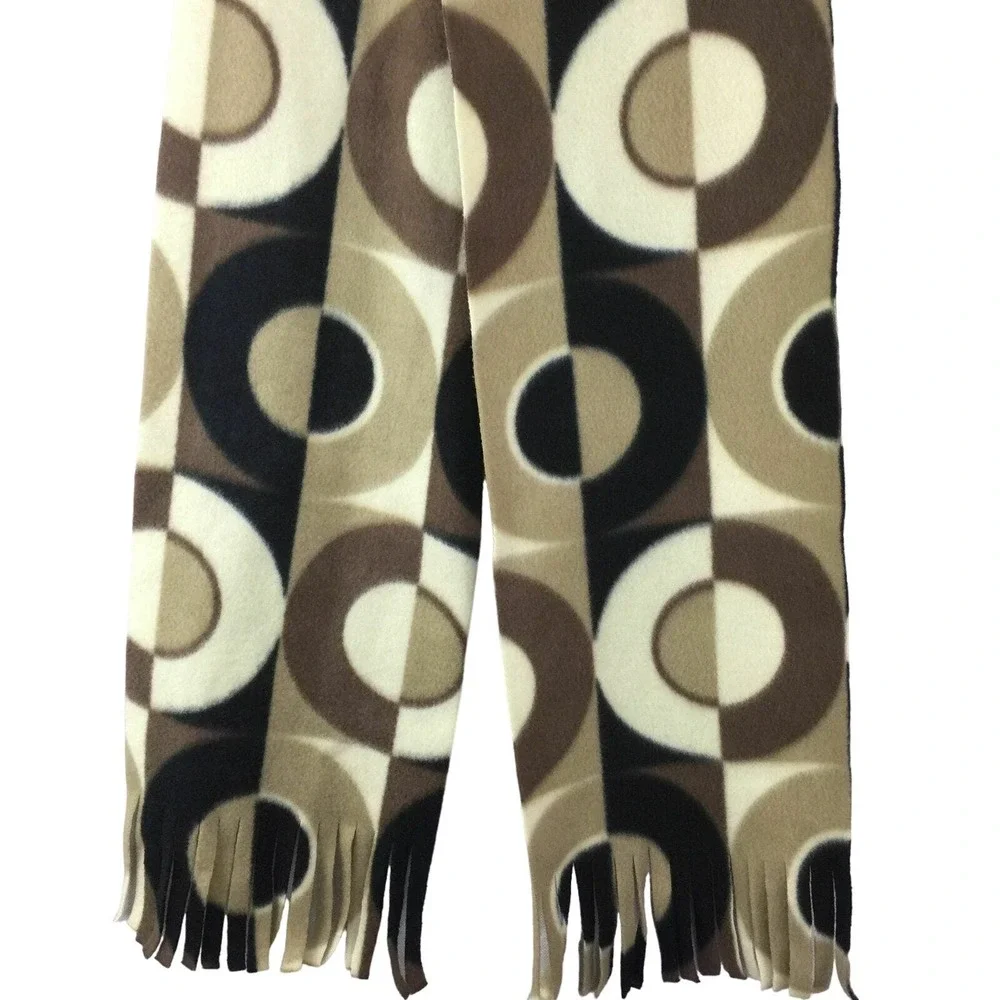 Circles Geometric Design Olive Black Fringed Fleece Winter Scarf